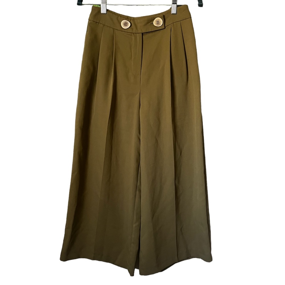 Topshop Womens Size 2 Pleated Olive Green Wide Leg Crop Pant w/ Buttons At Waist